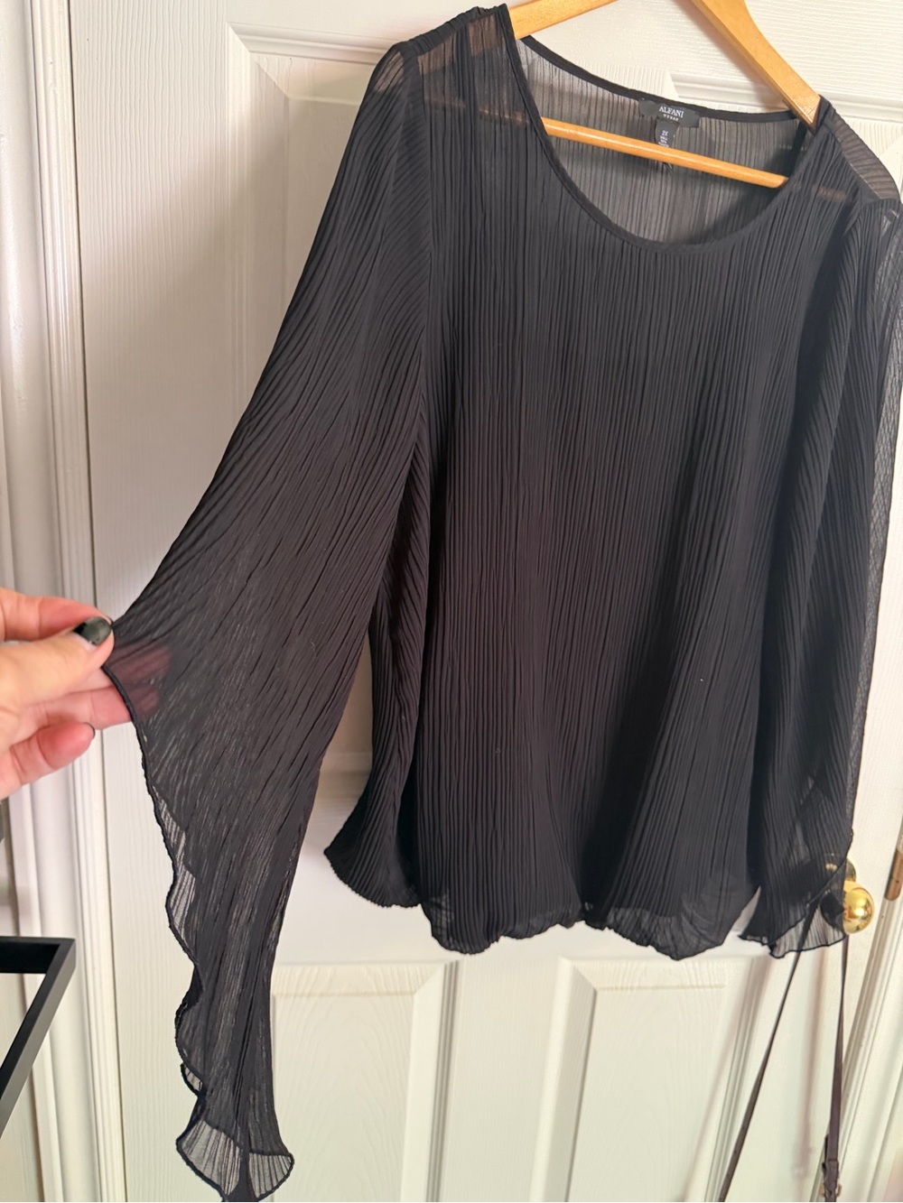 Alfani Black Plissé Sheer Long-Sleeve Blouse
